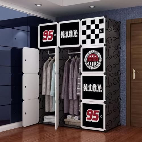 Image of AYSIS Almirah for Clothes, Plastic Soft Sheet Collapsible Wardrobe for Kids Toys /Books, Baby Cupboard for Storage in Bedroom Nursery, Cartoon (Black Print, 12-Shelf-12-Door)