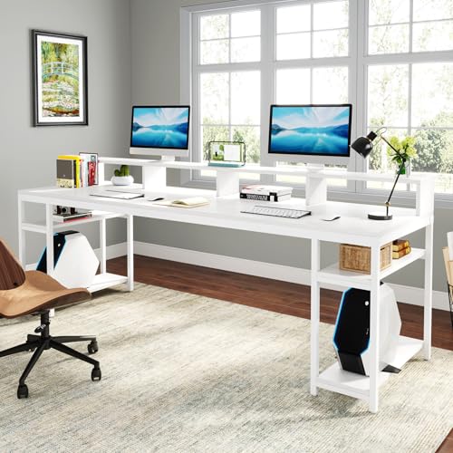 Image of Tribesigns Two Person Desk with Monitor Stand, 78.74 inch Long Double Computer Office Desk with Storage Shelves, Large Gaming Desk Study Writing Table Workstation for Home Office (White)