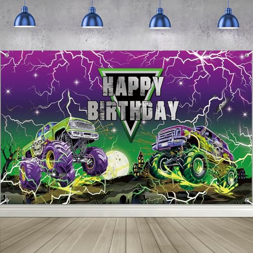Truck Happy Birthday Backdrop Decorations 6x3.6Ft Green Purple Monster Car Birthday Banner for Boys Racing Car Themed Party Supplies Yard Sign Decor Wall Background Photography