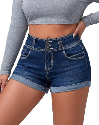 roswear Women's High Waisted Stretchy Denim Shorts Cuffed Jean Sh...