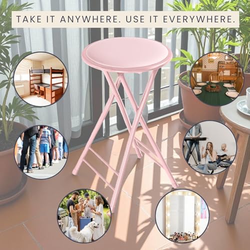 Image of Lavish Home Folding Stool with Padded Backless Seat Set of 2, Pink, 24 inch | Counter Height Bar Stools with 225lb Capacity, Portable Indoor & Outdoor, Extra Seat for Kitchen, Rec Room or Camping