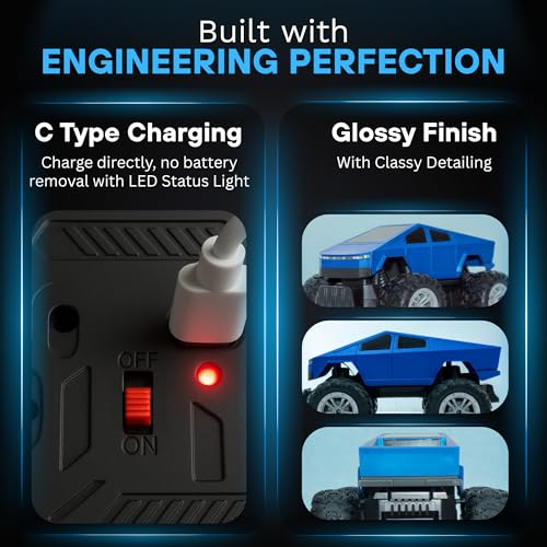 Image of Popsugar Off Roader Rechargeable Remote Control Car | RC Car Monster Truck | 4 Headlight Modes | Lithium Battery | C-Type Charging | 2.4GHz Remote Controller | Made in India,Blue