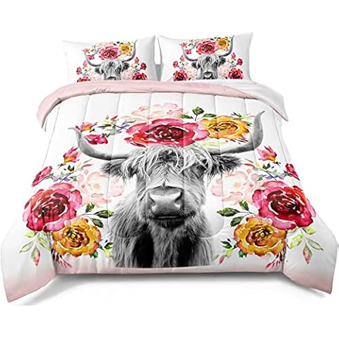 BDUCOK Highland Cattle Comforter Sets,Rose Flower Highland Cow Bedding Sets for Kids Boys Teens Girls Room Decor Wildlife Farmhouse Bull Cattle Comforters Full Set 1 Comforter with 2 Pillow Cases Cover