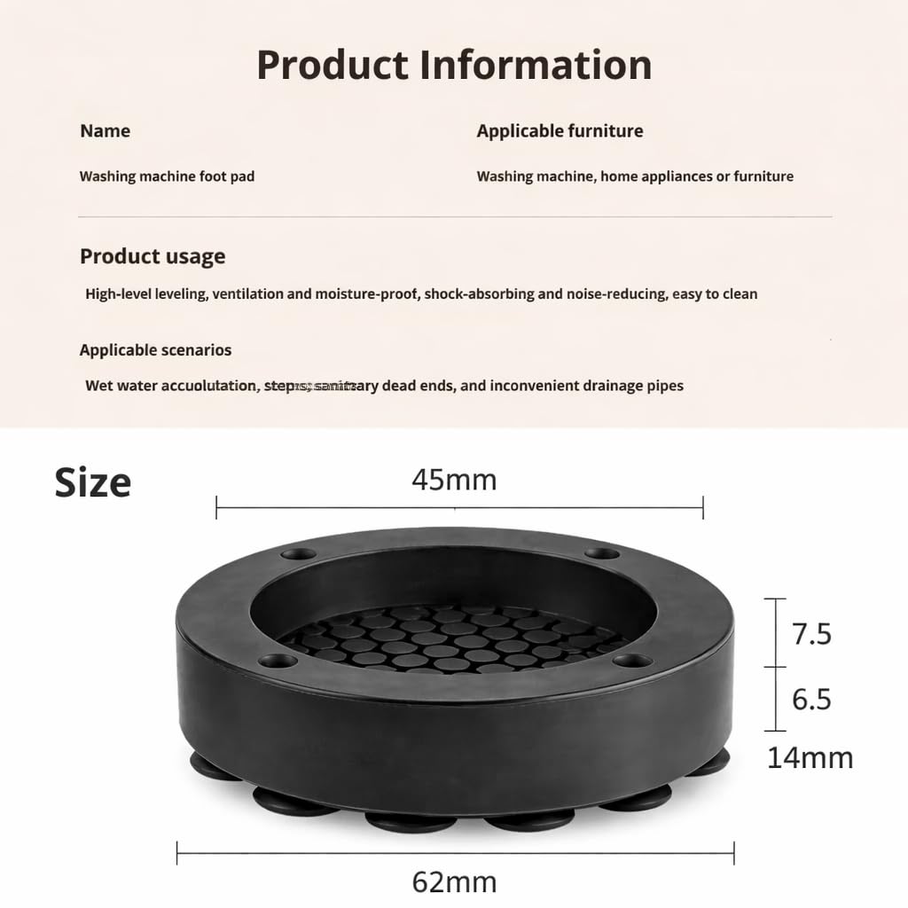 Washing Machine Anti-Vibration Pads, Pack of 4, Black Rubber Non-Slip Shock Absorption Feet, 7x7x2 cm