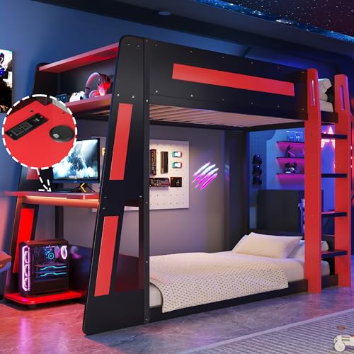 Image of GDFStudio Twin Over Twin Bunk Bed Frame with Desk, USB and LED Light, Solid Wood Gaming Bunk Twin Bed with Storage Shelves, High Loft Bed Twin Size with Under Entertainment Space, Black+Red