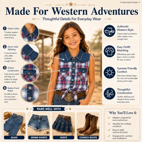 Image of Bienzoe Western Plaid Girls Shirt: Sleeveless Button Down