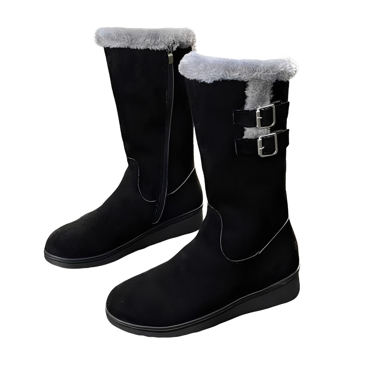 Womens Winter Mid-Calf Snow Boots Warm Fur Lined Suede Platform Boots with Side Zipper Non-Slip Outdoor Round Toe