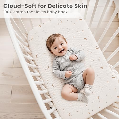 Image of Konssy 2 Pack Muslin Bassinet Sheets for Baby Boy, 100% Cotton Soft Breathable Bassinet Mattress Sheets Fit for Hourglass Oval Cradle Rectangle Mattress (Coffee Check,Moon)