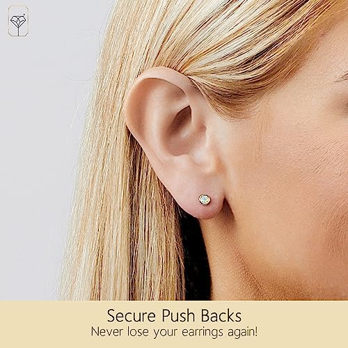 MAX + STONE Solid 14k Gold Bezel Set Round Small 4mm Created Opal Stud Earrings for Women with Push Backs October Birthstone Yellow Gold Earrings4