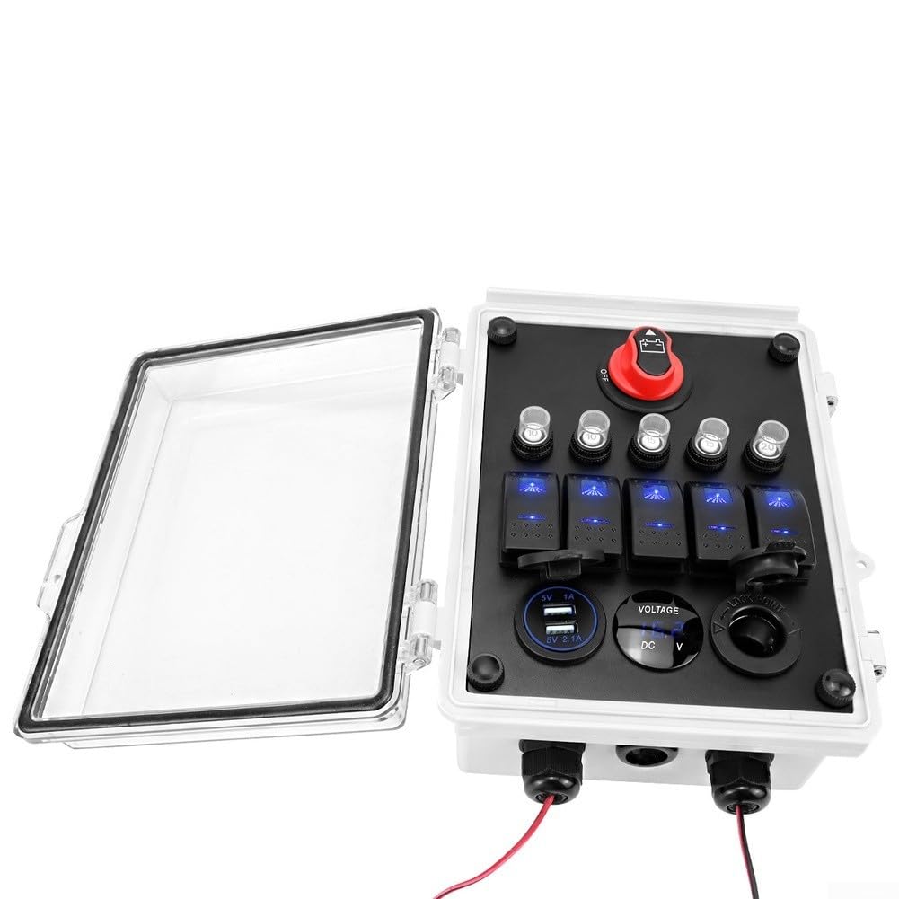 Pannello interruttore a 5 marce, 12 V, illuminato a LED, impermeabile IP65, 12 V, pannello di commutazione a 5 vie con porta USB e voltmetro, pannello interruttore a levetta impermeabile per barca, 12