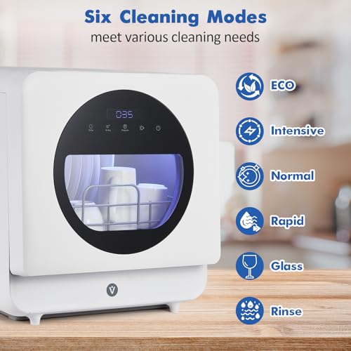Dishwasher Countertop Compact Portable Dishwasher with Faucet & Self-Priming Water Modes Water Inlet, Compact with More Space Inside,6 Programs Ideal for RV & Apartments, No Hookup Needed