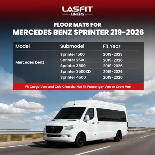 Image of LASFIT Floor Mats for Mercedes Benz Sprinter 1500 /2500 /3500 /4500 2019-2026 | Fit Cargo /Crew Van & Cab Chassis (๐๐จ ๐๐จ๐ซ ๐๐๐ฌ๐ฌ๐๐ง๐ ๐๐ซ ๐๐๐ง), All Weather TPE Fit for 1st Row with Aisle Liner