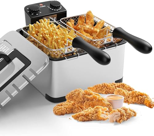Deep Fryers with 3 Baskets - Simoe 5.3QT/21 Cup Electric Large Fryer Countertop, 1700W Stainless Steel Deep Oil Fryer with Lid, Adjustable Temperature & Timer & View Window, Professional Grade