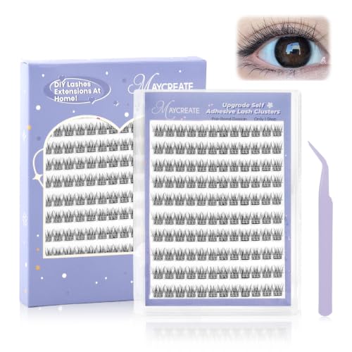Image of MAYCREATE 120Pcs Self Adhesive Eyelashes, Clear Band 11mm Lash Clusters Kit, Natural Pre-Glued Eyelash Cluster, Invisible Band Reusable Eye Lashes with Tweezers