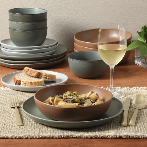 Image of Gibson Elite Menlo Park 16-Piece Pottery Clay Stoneware Dinnerware Set - Assorted Color Reactive Glaze, Organic Shape Embossed Plates and Bowls W /Pasta Bowl, Service for 4 Microwave Dishwasher Safe