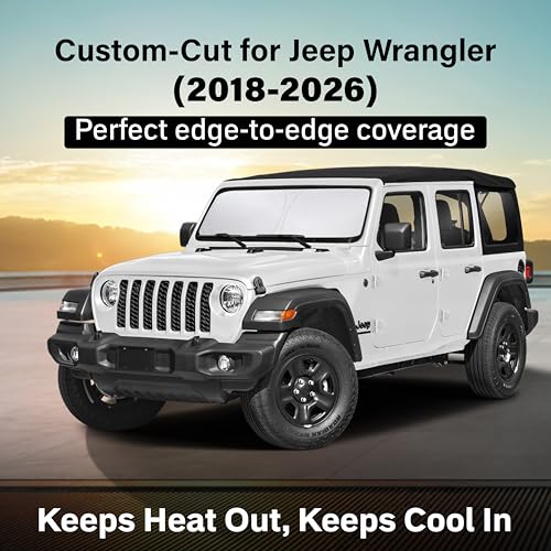Image of EcoNour Windshield Sun Shade Compatible for Jeep Wrangler 2018-2026 | SUV Front Window Sun Visor Shield | Heavy-Duty Foldable Sunshade | Blocks UV Rays & Reduces Cabin Heat
