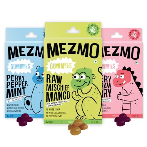 Image of MEZMO soft jelly healthy n yummy candy with natural fruit sugar 144gms 36 jellies (Pack of 3) - Very Strawberry,Perky Peppermint & Raw Mango