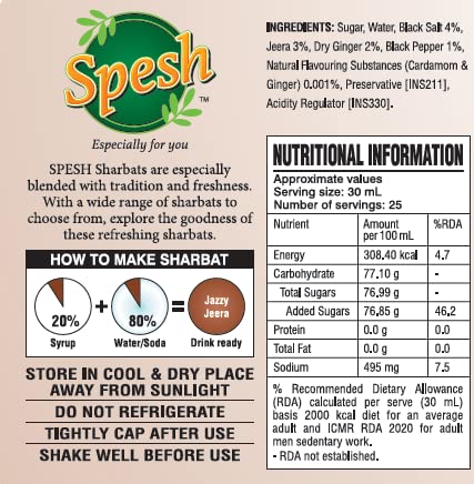 Image of SPESH Jazzy JeerRefreshing Drinka Sharbat 700 ML | Premium Instant Refreshing Drink | Ready to Mix With Water, Milk, Ice Creams, Faloodas, Mock Tails, Desserts & Sweets