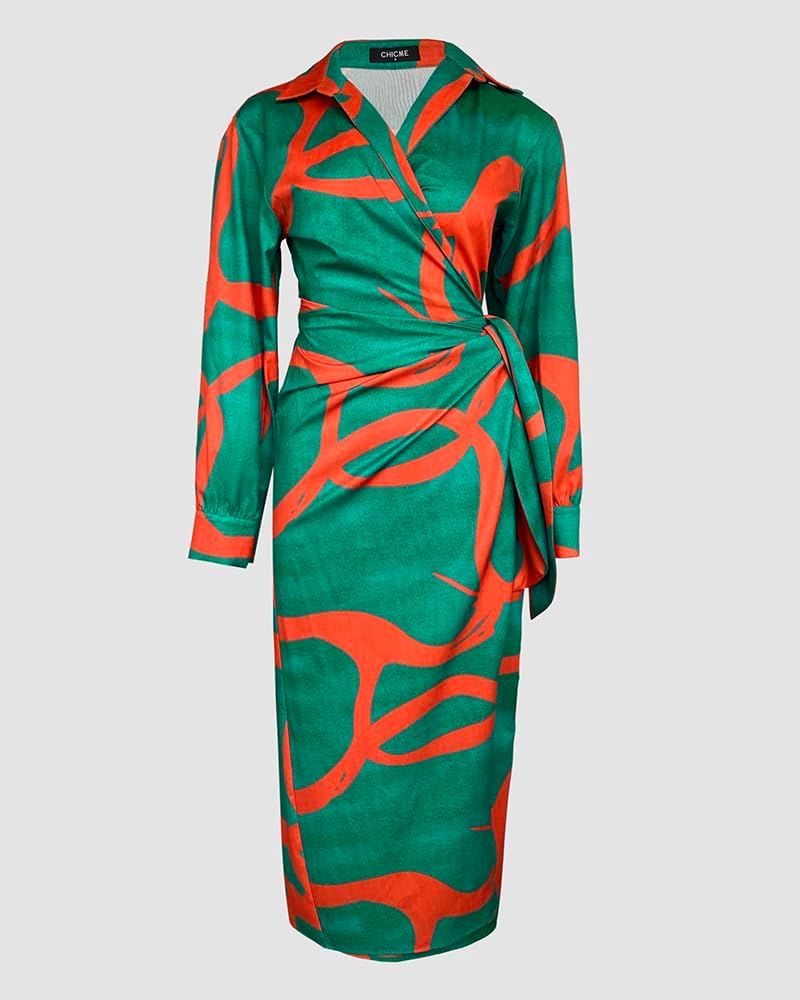 CHICME Women's Long Sleeve Midi Dress Casual Wrap Tied Detail Shirt Dresses Floral Print Fall Boho Long Dress Green-S - Image 4