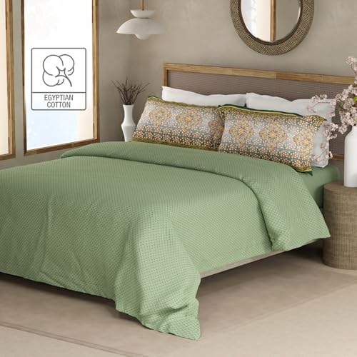 Image of BOUTIQUE LIVING Heritage Walk 100% Egyptian Cotton 200 TC Green Ethnic Print King Bedsheet with 2 Pillow Covers