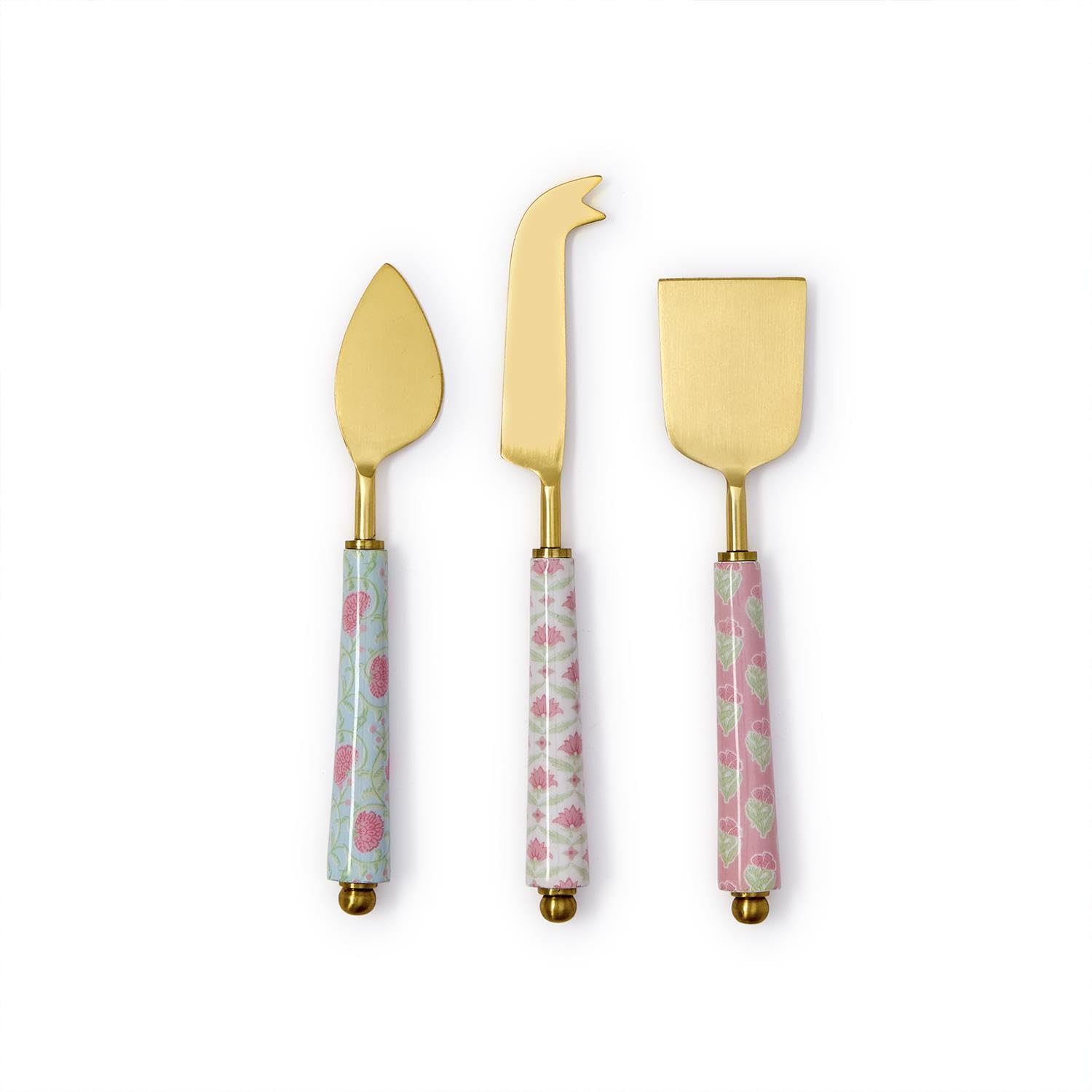 Two's Company Floral Block Print Cheese Knives in Gift Box, Stainless Steel, Set of 3