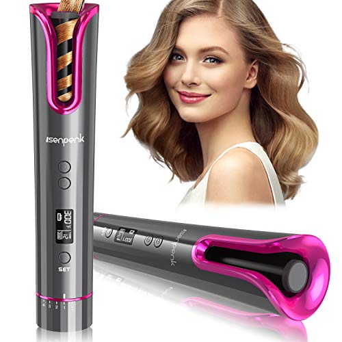 Automatischer Lockenstab Kabelloser Lockenwickler Lockenstäbe, ISENPENK Drahtloser lockenstab große Locken USB Hair Curler mit Verbrühschutz, 4 Temperatur 6 Zeiteinstellungen LCD Display Cover