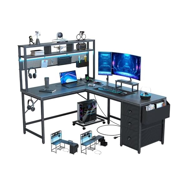 Gaming Desk Computer Desk with Pegboard & Shelves Large L Shaped Desk with Drawers, Gaming Desk with Power Outlet & LED & Monitor Stand & Mobile CPU Stand, Corner Deck for Home Office Black