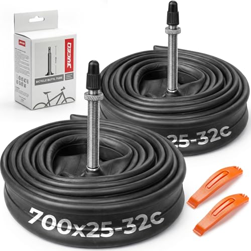 JUCEO 700x25-32c Bike Tubes 48mm Presta Valve 2 Pack with 2 Tire Levers, Heavy Duty Butyl Rubber Road Bike Inner Tube, Low Heat High Stretch Leak Resi