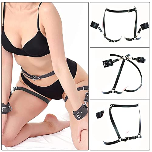 SUPKTHDY Punk Leder Harness Damen SM Sex Harness Taille Bein käfigbetten Geschirr Strumpfband Gürtel für frau BDSM Bondage Set mit Handschellen Sexy unterwäsche Fetisch Fesseln Sexspielzeug