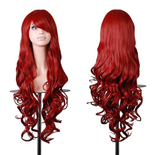 Chiguo Perücke 80cm Glamourös Blond Langes Spirale lockige Haar Blond Schwarz Braun Rosa Grau Usw Perücken für Damen Karneval Cosplay Halloween Schaufensterpuppen Mottoparties (Rot)