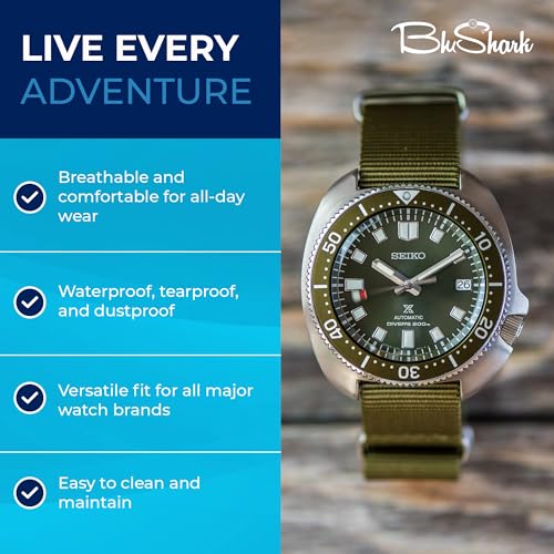 Image of BluShark - Original Collection Military-Style Waterproof Watch Strap, Fits All Timepiece Brands, Durable Nylon Wristwatch Accessories with Stainless Steel Buckle - 18mm, 20mm, 22mm & 24mm Watch Bands