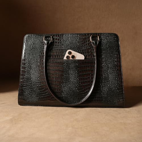 Image of Theater Dr. Grief Brown Croco Handbag for Women | Structured Top Handle Tote with Spacious Interior | Elegant Office Work & All Day Essential Laptop Bag