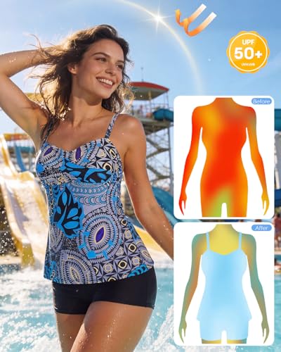 Image of Century Star 2026 Modest Tankini Swimsuits for Women | Tummy Control Two Piece Bathing Suit | Tops with High Waisted Shorts A 02 Blue Printing 16-18