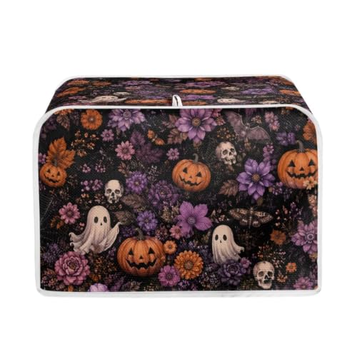 Image of Talayituse Ghost Skull Pumpkin Flower Print Toaster Cover 2 Slice Wide Slot, Lightweight Bread Maker Cover Dust Protection Washable Appliance Bag Halloween Decor, S