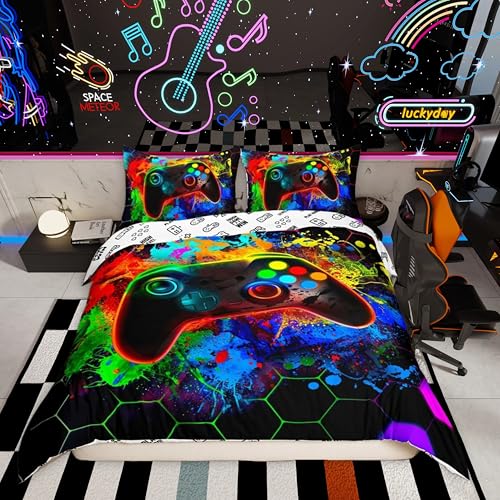 Homemissing Colorful Gaming Duvet Cover Set Single Size For Kids Boys Girls Teens Honeycomb Gaming Bedding Set Game Controller Duvet Cover with 1 Pillowcase Hexagon Gamer Bedding