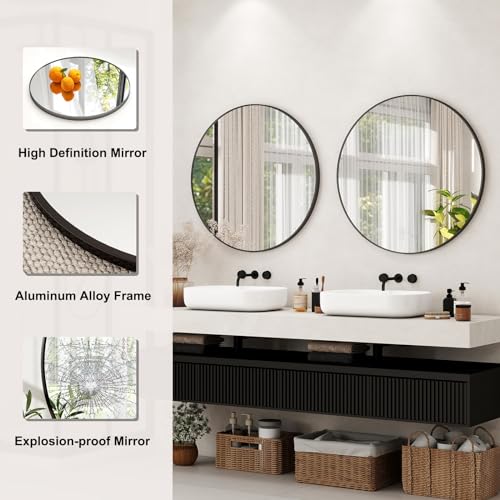 32 Inch Round Bathroom Mirror - Black Wall Mounted Circle Mirror with Metal Frame, Modern Round Hanging Mirror Suitable for Bathroom, Vanity, Entryway, Living Room