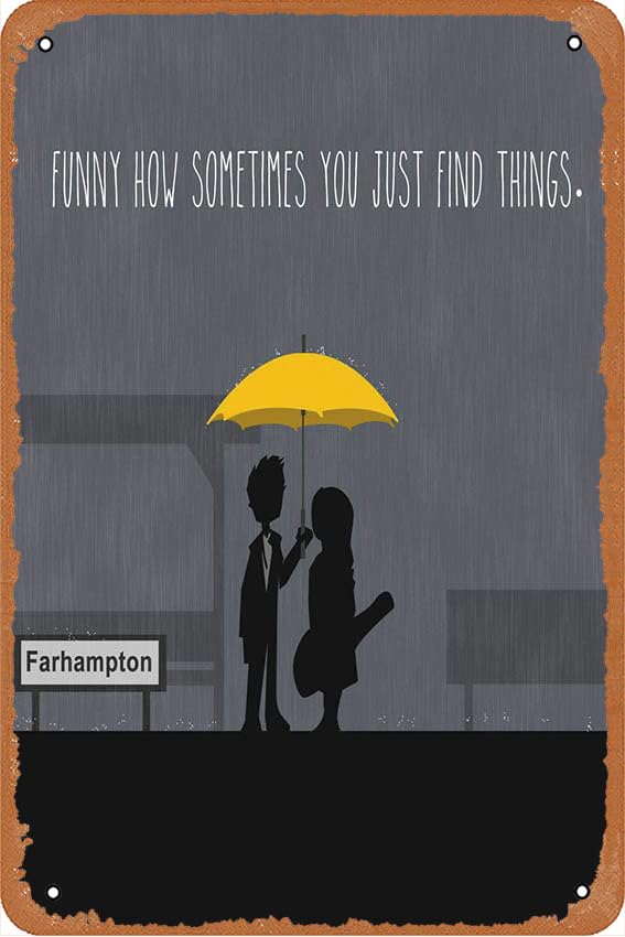Póster minimalista de Farhampton, diseño de paraguas amarillo con texto en inglés 'How I Met Your Mother', letrero de metal para decoración del hogar, 30,5 x 20,3 cm