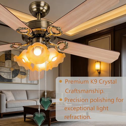 Image of 2Pcs Crystal Ceiling Fan Pull Chain Extender with Connector, 12 inch | K9 Crystal Glass, Not Acrylic, Heart Prism, Cut-To-Length Adjustable, Snap-On Connector For Fan, Light, Lamp (Emerald)