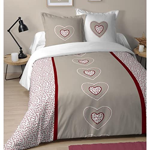 J&K Markets Housse de Couette Amélia, Thème Romantique, Naturel/Rouge, Adulte, 240x260cm, 2 Personnes, 100% Coton Cover