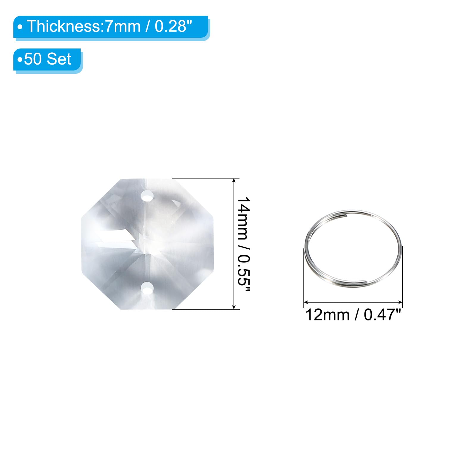 PATIKIL Abalorios de Cristal K9 en Forma de Octágono con 2 Agujeros y Anillo, Paquete de 50 Unidades de 14 mm, Piezas de Prismas de Lámpara de Araña, Transparente