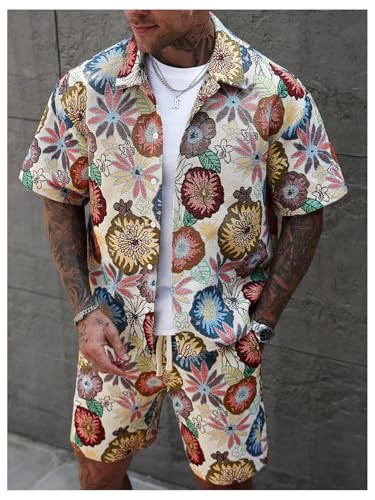 Men's 2 Piece Outfit Short Sets Vintage Floral Embroidery Button Down Shirts and Drawstring Shorts Vacation Set4
