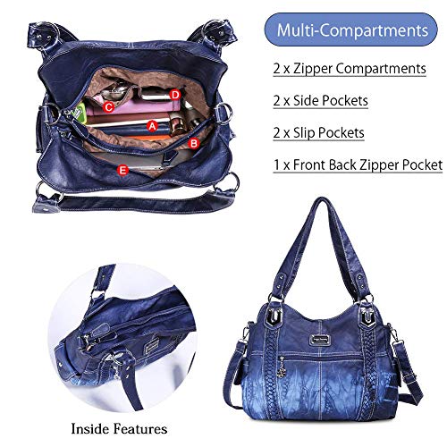 Angel Barcelo Roomy Fashion Hobo Womens Handbags Ladies Purse Satchel Shoulder Bags Tote Washed Leather Bag (Blue) - Thumbnail 5