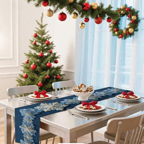 Image of Nuxovilar Blue Snowflake Table Runner Flax 13x72 in | Holiday Runner Flax Placemats Dining Accessories Set Winter Dinner Holiday Event Room (Blue Snowflake)