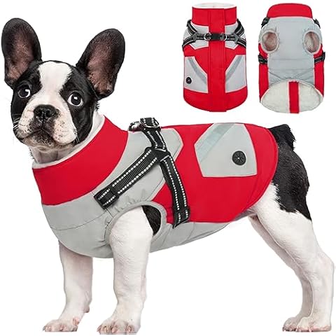 FUAMEY Dog Jackets-Dog Coat with Harness Built in-Waterproof Dog Jacket-Dog Winter Coat with Zipper On Back-Snowsuit Pet Clothes Poop Bag Pockets-Reflective Dog Vest for Medium Dogs Red M Cover