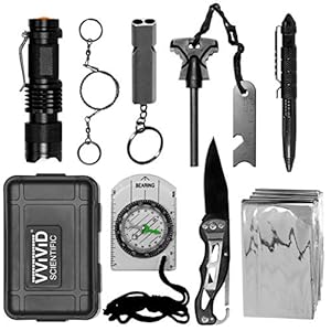 VViViD 10 in 1 Emergency Tactical Gear Survival Kit Knife Blanket Compass Fire Starter Flashlight Saw Outdoor Camping Hiking Hunting Adventure Sport Supplies