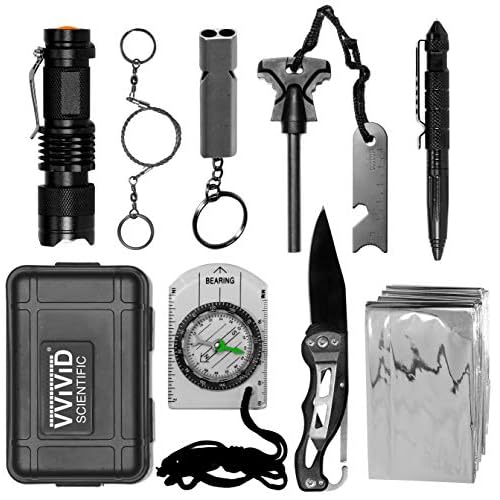 VViViD 10 in 1 Emergency Tactical Gear Survival Kit Knife Blanket Compass Fire Starter Flashlight Saw Outdoor Camping Hiking Hunting Adventure Sport Supplies