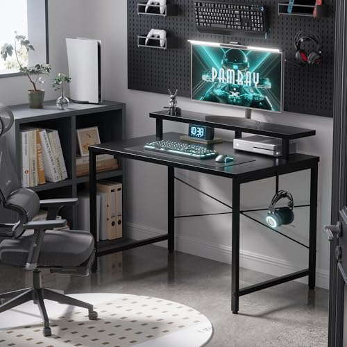 Image of Pamray 32 Inch Small Computer Desk with Monitor Stand, Simple Office Desk with Headphone Hook for Small Spaces, Kids Study Writing Table for Bedroom, Black