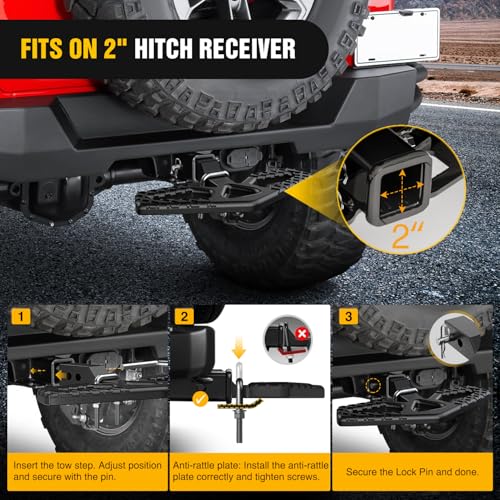 Image of Nilight Tow Hitch Step for 2 Inch Receiver Heavy Duty Steel Universal Rear Bumper Guard Wide Non Slip Trailer Hitch Step Bar with Anti Rattle Stabilizer and 5 /8 inch Pin Clip Fits Pickup Truck SUV Van