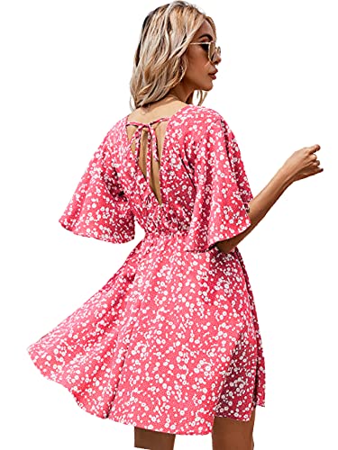 Image of Floerns Women's Tropical Floral Plunging V Neck Tie Open Back Summer Short Dress