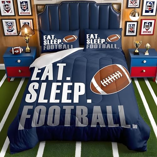 Feelyou Football Comforter Set for Boys Twin Size Sports Bedding Set American Football Lover Navy Blue Ball Games Quilt Bed Teens Rugby Bedroom Decor 2Pcs